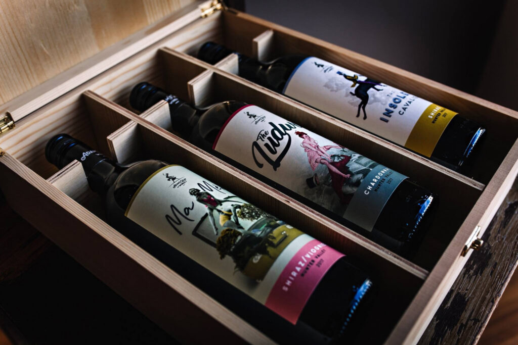 Three Adam's Leap wines in a wooden gift box